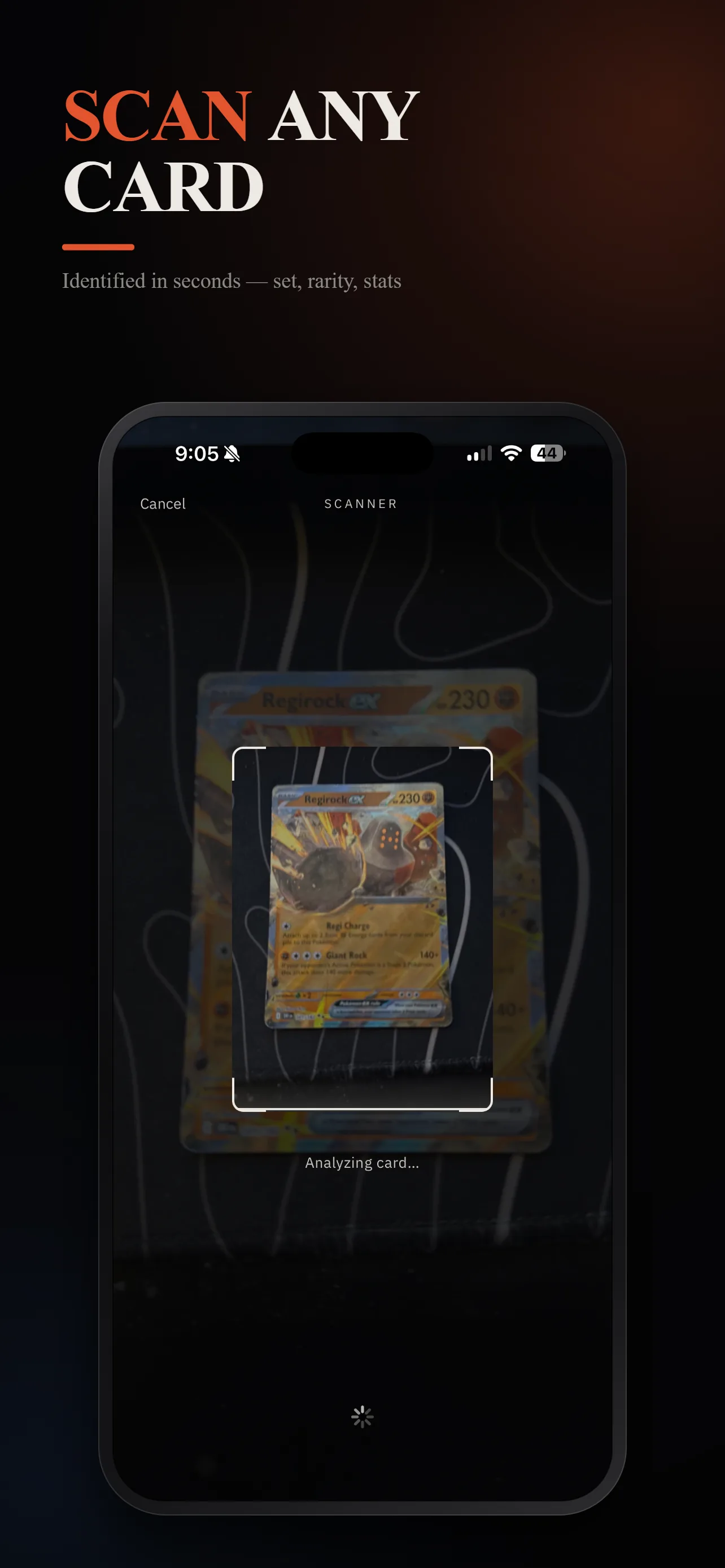 Scan any card, identified in seconds with set, rarity, and stats